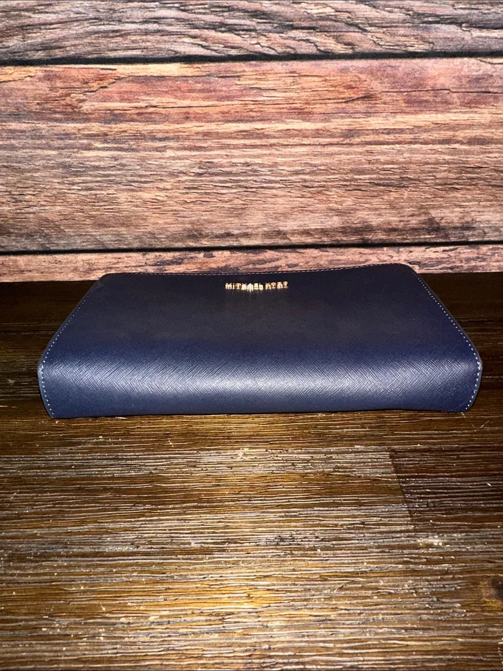 Michael Kors Navy Saffiano Zip-Around Clutch with Gold Logo